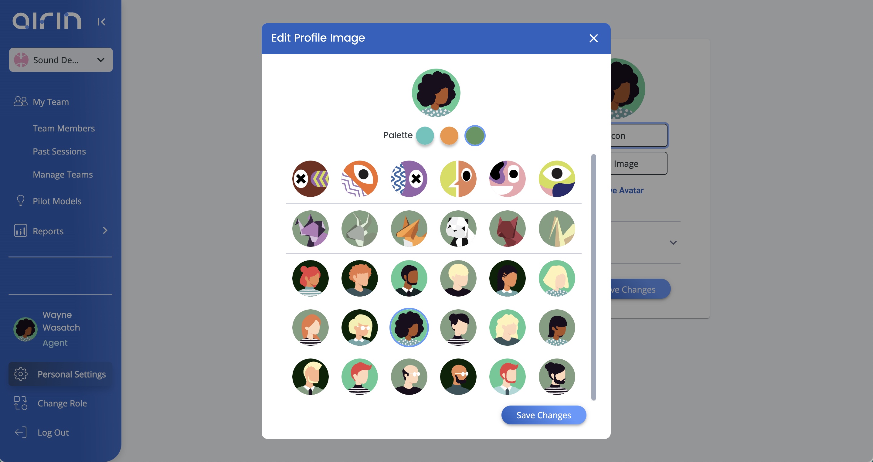 Image of the User Avatar selection modal in Airin app